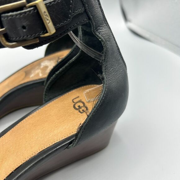 Ugg Char Sandals Ankle Strap Black Leather Mini Wedge Women’s Size 10 - Picture 6 of 12